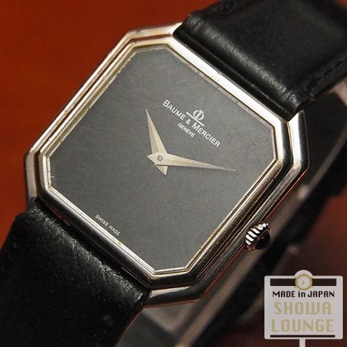 ボーム&メルシェ 18KWG 金無垢 1970年代頃の手巻き時計 黒文字盤 2針 サファイアリューズ ボーイズサイズ ステップドベゼルの角型  BAUME&MERCIER WATCH